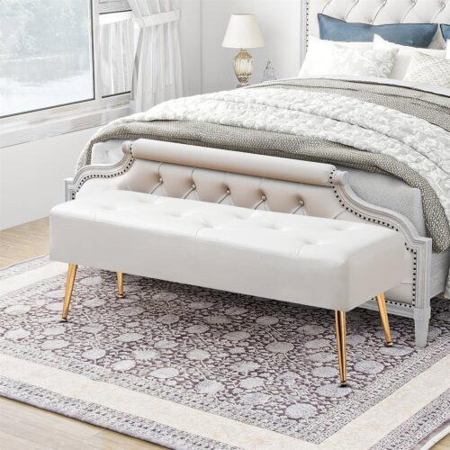 Modern Bed Bench Ottoman with White Ivory PU Leather Seat and Gold Metal Legs