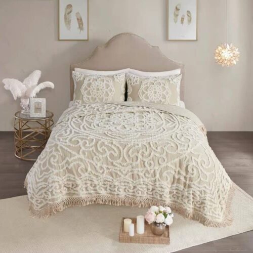 King 100-Percent Cotton Chenille Bedspread with Fringe Hem in Khaki Taupe Beige