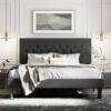 King Black Linen Upholstered Platform Bed Frame with Button-Tufted Headboard