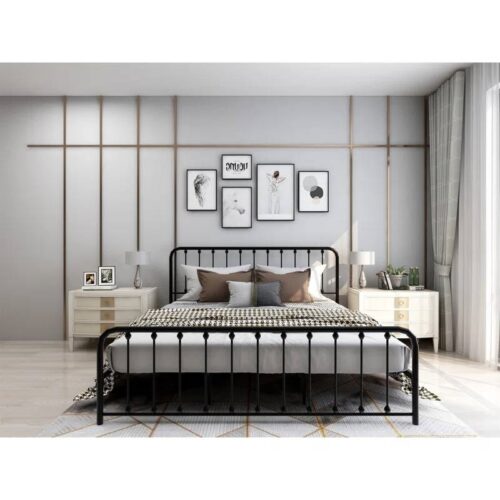 King Black Metal Platform Bed Frame with Rounded Corners Headboard Footboard