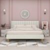 King Mid-Century Platform Bed Frame with Cream Velvet Upholstered Headboard
