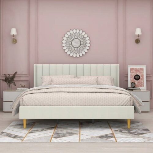 King Mid-Century Platform Bed Frame with Cream Velvet Upholstered Headboard
