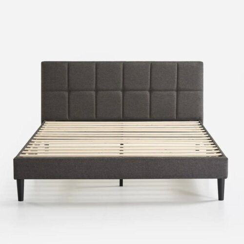 King size Grey Upholstered Platform Bed Frame with Padded Headboard