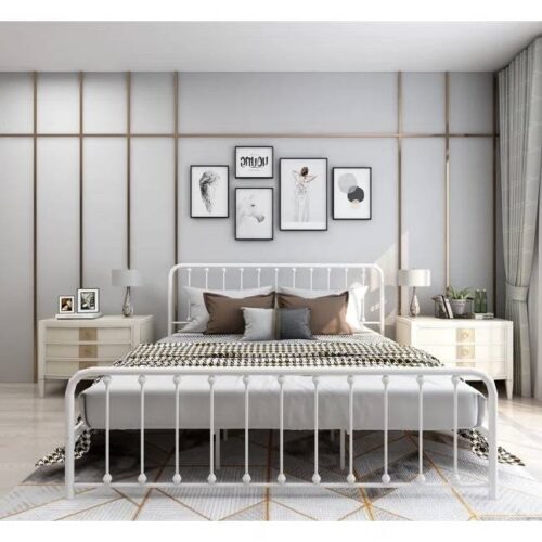King White Metal Platform Bed Frame with Rounded Corners Headboard Footboard
