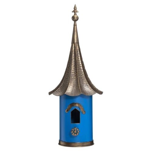 Outdoor Teal Blue Metal Birdhouse with Vintage Bronze Phonograph Style Roof Outdoor Teal Blue Metal Birdhouse with Vintage Bronze Phonograph Style Roof