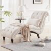 Cream Beige Linen Upholstered Armless Chaise Lounge Chair with Pillow