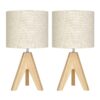 Set of 2 – Solid Wood Tripod Table Lamp with Beige Linen Drum Shade