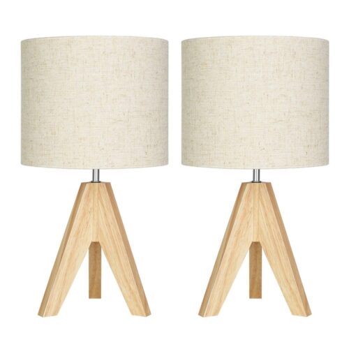Set of 2 – Solid Wood Tripod Table Lamp with Beige Linen Drum Shade Set of 2 – Solid Wood Tripod Table Lamp with Beige Linen Drum Shade