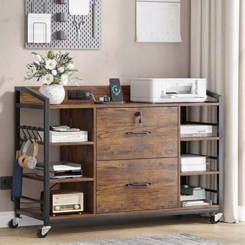 Brown Printer Stand Bookcase Power Station Mobile Office File Cabinet