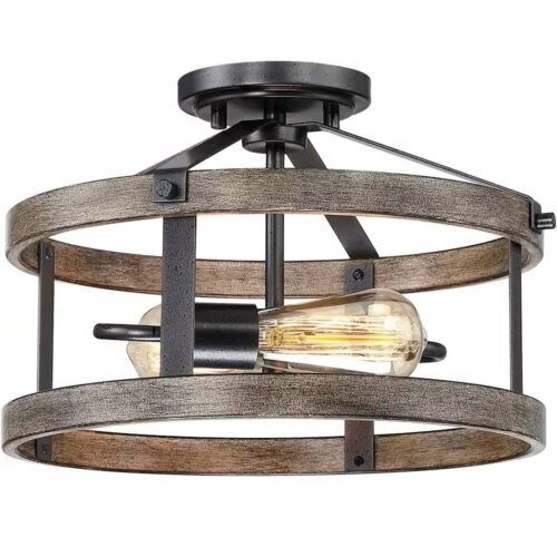 Round 13-inch Metal Wood Farmhouse 2-Light Ceiling Lamp – Semi-Flush Mount