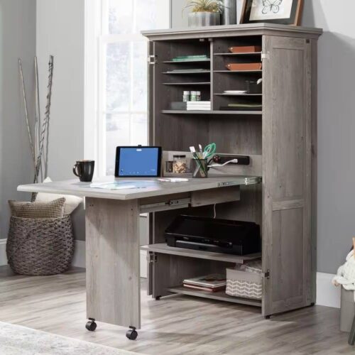 Armoire with Drop Leaf Laptop Desk Craft Table in Grey Oak Finish – Made in USA