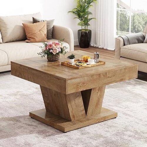 Modern Farmhouse Style Square Coffee Table in Natural Wood Finish