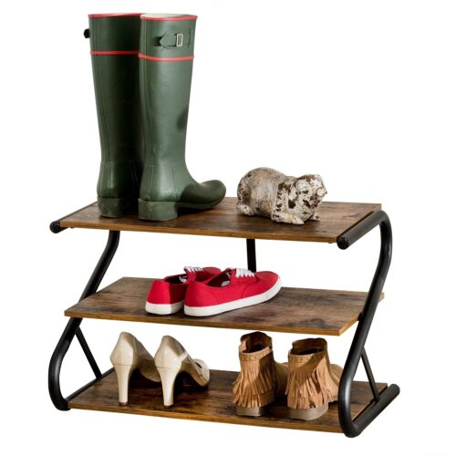 Modern Industrial Metal Wood 3-Tier Shoe Rack – Holds up to 9 Pair of Shoes