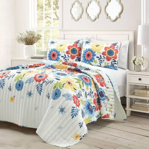 Full/Queen Lightweight Floral Navy Blue Coral White 3-Piece Polyester Quilt Set Full/Queen Lightweight Floral Navy Blue Coral White 3-Piece Polyester Quilt Set