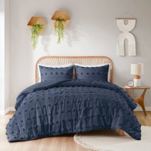 King/Cal King 3 Piece Navy Pompom Microfiber Hypoallergenic Comforter Set