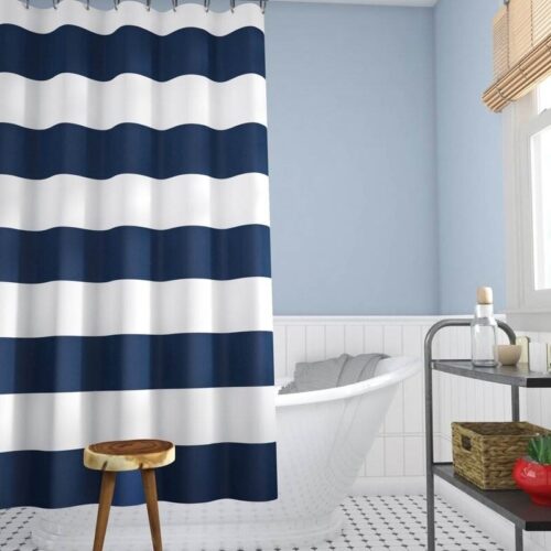 72 x 70 inch Polyester Navy Blue White Nautical Ocean Striped Shower Curtain 72 x 70 inch Polyester Navy Blue White Nautical Ocean Striped Shower Curtain