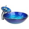 Modern Blue Glass Bathroom Vessel Sink and Faucet with Chrome Drain