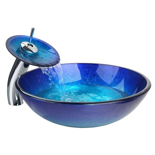 Modern Blue Glass Bathroom Vessel Sink and Faucet with Chrome Drain Modern Blue Glass Bathroom Vessel Sink and Faucet with Chrome Drain