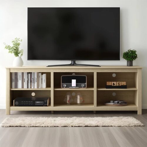 Farmhouse TV Stand in Light Oak Wood Finish – for TVs up to 70-inch