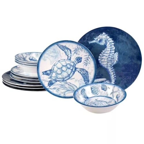 12-Piece Sea Shells Ocean Theme Dinnerware Set in Blue and White – Service for 4