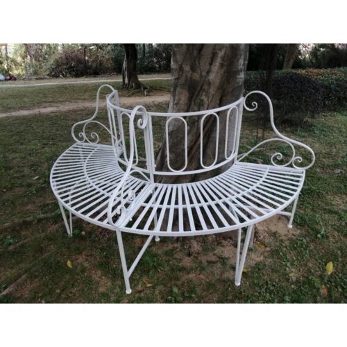 Half-Circle White Metal Outdoor Patio Garden Tree Bench