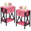 Set of 2 – 1-Drawer Nightstand Bedside Table in Pink and Black