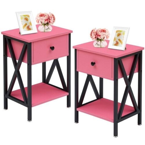Set of 2 – 1-Drawer Nightstand Bedside Table in Pink and Black