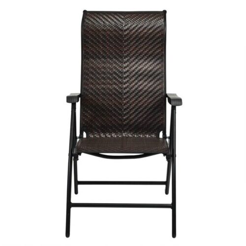 Outdoor Folding Steel Frame Rattan Patio Chair with Armrest in Brown