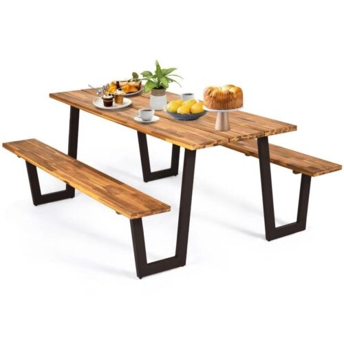 Modern Wooden Picnic Table with 2 Benches Outdoor Patio Dining Set Modern Wooden Picnic Table with 2 Benches Outdoor Patio Dining Set