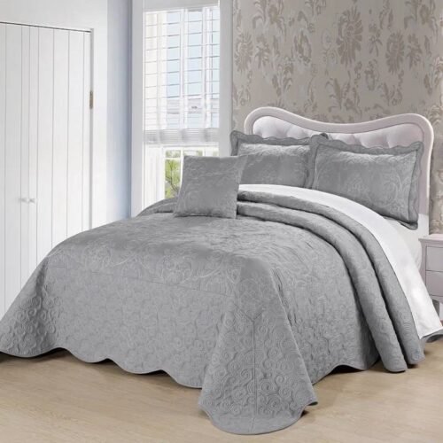 Queen size Ash Grey Damask Embroidered 4 Piece Oversized Bedspread Set