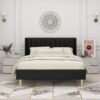 Queen size Mid-Century Black Linen Platform Bed Frame with Upholstered Headboard