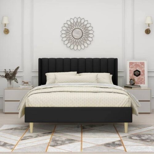 Queen size Mid-Century Black Linen Platform Bed Frame with Upholstered Headboard