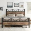 Queen Metal Wood Vintage Industrial Platform Bed Frame with Headboard Footboard