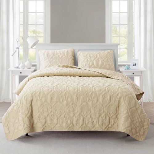 Queen Coastal Beach Starfish Seashells Seahorse Sand Tan 3-Piece Quilt Set
