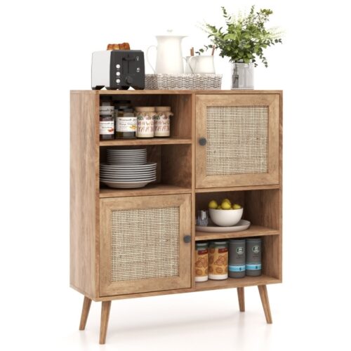 Mid-Century Modern Wood Sideboard Dining Buffet Storage Cabinet w/ Rattan Doors Mid-Century Modern Wood Sideboard Dining Buffet Storage Cabinet w/ Rattan Doors