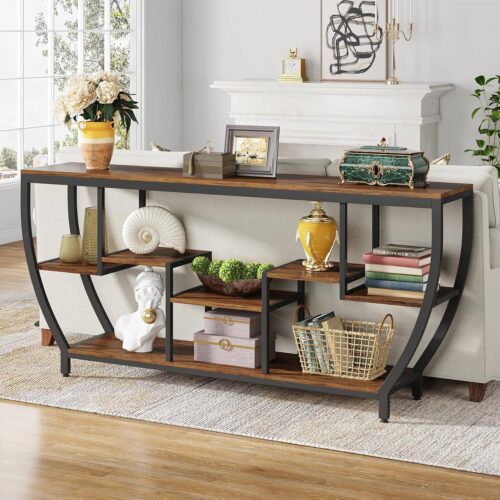 Industrial Modern 70-inch Long Narrow Console Sofa Table with Brown Wood Shelves