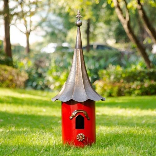 Outdoor Red Metal Bird House with Vintage Bronze Phonograph Style Roof