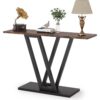 Modern 43-inch Narrow Entryway Table with Brown Wood Top and Black Metal Frame