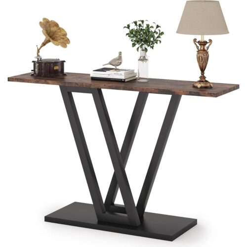 Modern 43-inch Narrow Entryway Table with Brown Wood Top and Black Metal Frame