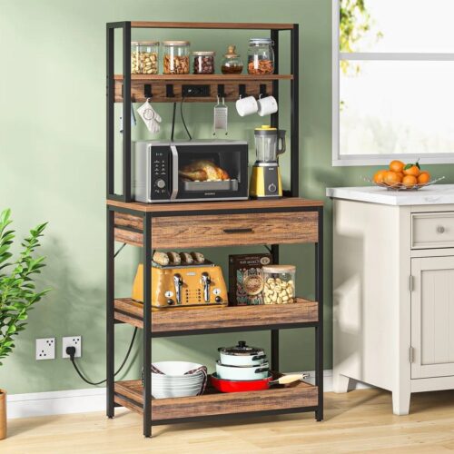 Modern Baker’s Rack Shelving Unit with Pull-Out Shelves and Storage Drawer