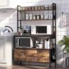 Black Metal Kitchen Baker’s Rack with Brown Wood Shelves and Storage Cabinets