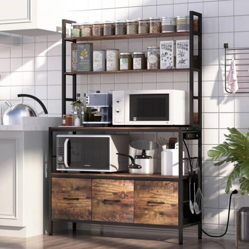 Black Metal Kitchen Baker’s Rack with Brown Wood Shelves and Storage Cabinets Black Metal Kitchen Baker’s Rack with Brown Wood Shelves and Storage Cabinets