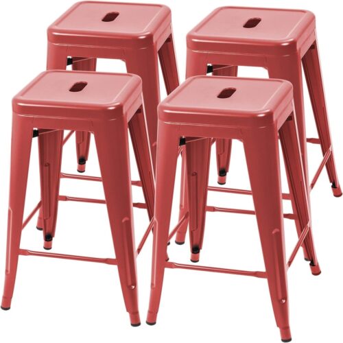 Set of 4 – 24-in. Indoor/Outdoor Backless Stacking Red Metal Barstools