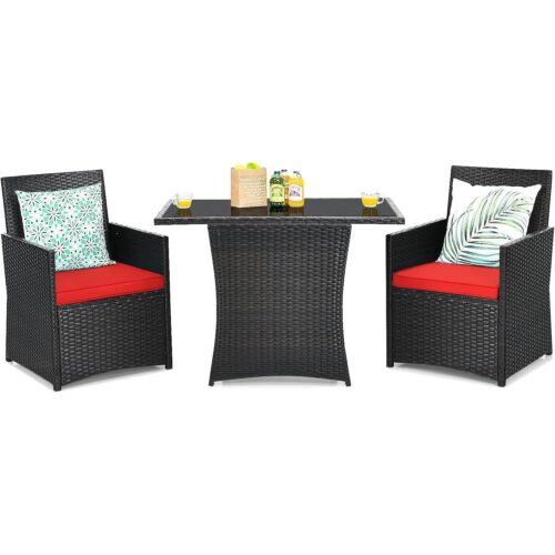 3-Piece Patio Furniture Outdoor Dining Set in Brown PE Rattan with Red Cushions 3-Piece Patio Furniture Outdoor Dining Set in Brown PE Rattan with Red Cushions