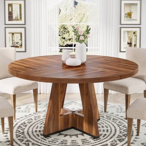 Farmhouse 47-inch Round Kitchen Dining Table in Vintage Brown Wood Finish