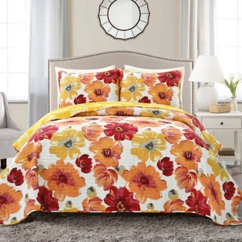 Full/Queen Red Orange Flowers Lightweight Polyester Microfiber Quilt Set Full/Queen Red Orange Flowers Lightweight Polyester Microfiber Quilt Set