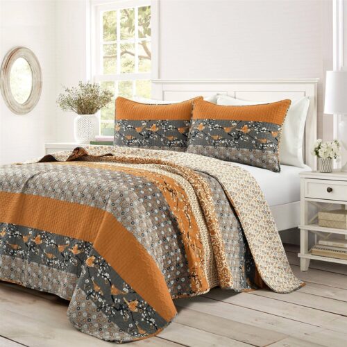 King Size Orange Grey Floral Birds Reversible 3 Piece Quilt Set King Size Orange Grey Floral Birds Reversible 3 Piece Quilt Set