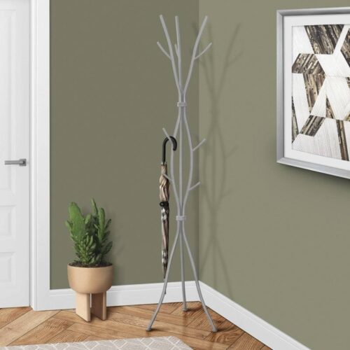 74-inch Freestanding Silver Metal Coat Rack Entryway Hall Tree Umbrella Stand