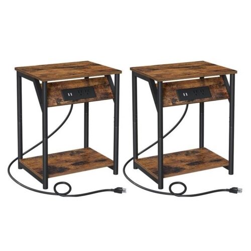 Set of 2 –  Nightstand End Tables Charging Station with 2 USB ports