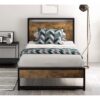 Twin size Metal Wood Platform Bed Frame with Industrial Headboard